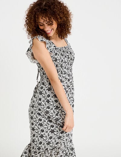Robe longue &eacute;vas&eacute;e smock&eacute;e noir femme
