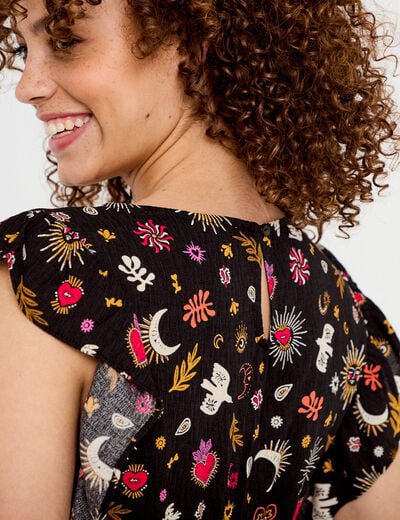 Robe &eacute;vas&eacute;e cr&ecirc;pe col v manches courtes noir femme