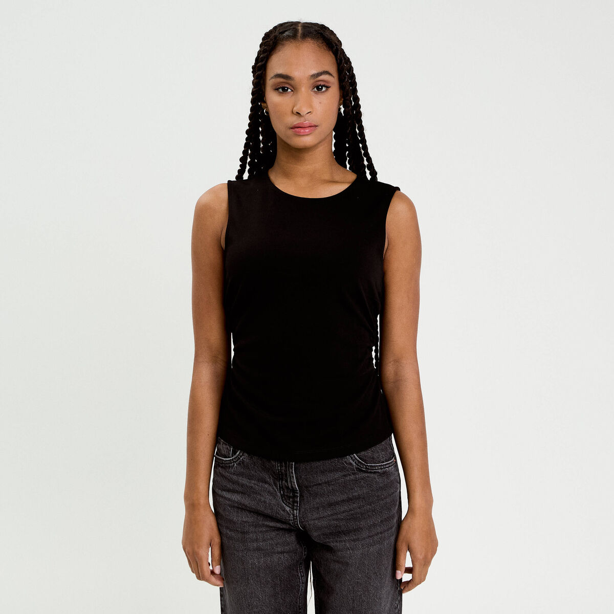 D&eacute;bardeur ajust&eacute; en cr&ecirc;pe col bateau noir femme