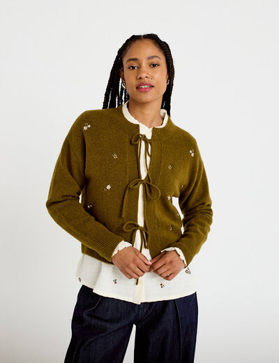 Gilet manches longues brod&eacute; noeuds vert olive femme