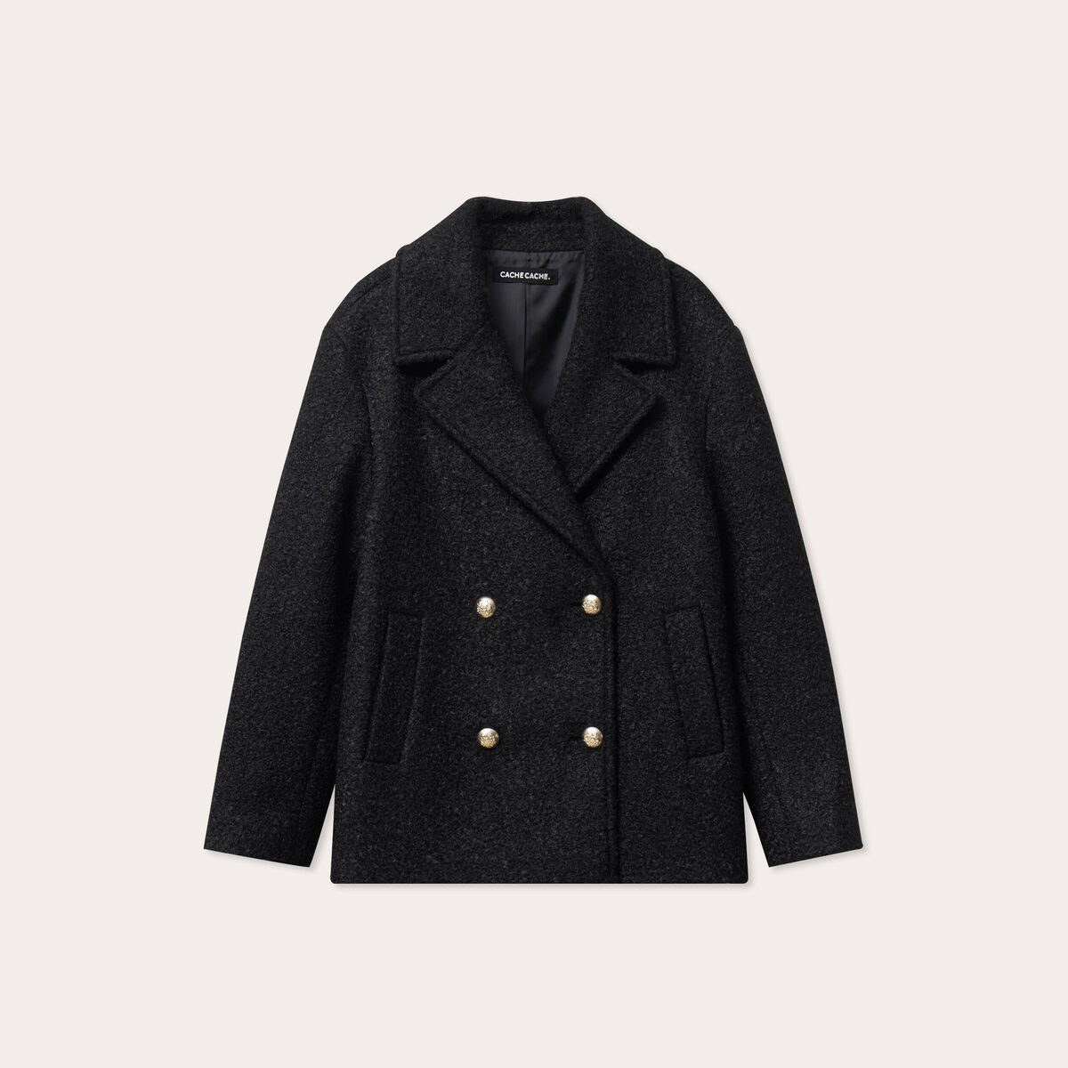 Manteau bouclette boutonn&eacute; noir femme