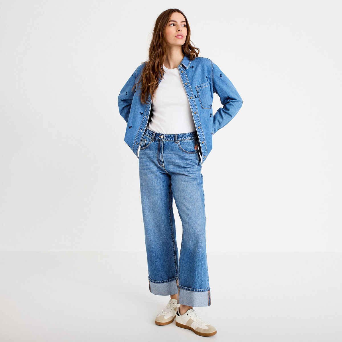 Chemise droite courte manches longues bleu femme