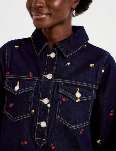Robe courte droite en jean brod&eacute;e bleu marine femme
