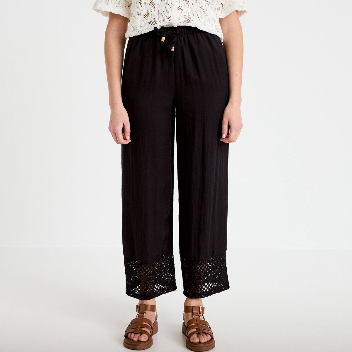 Pantalon large bi-mati&egrave;re pliss&eacute; noir femme