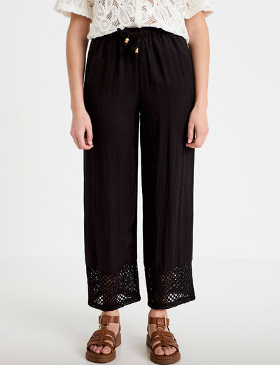 Pantalon large bi-mati&egrave;re pliss&eacute; noir femme