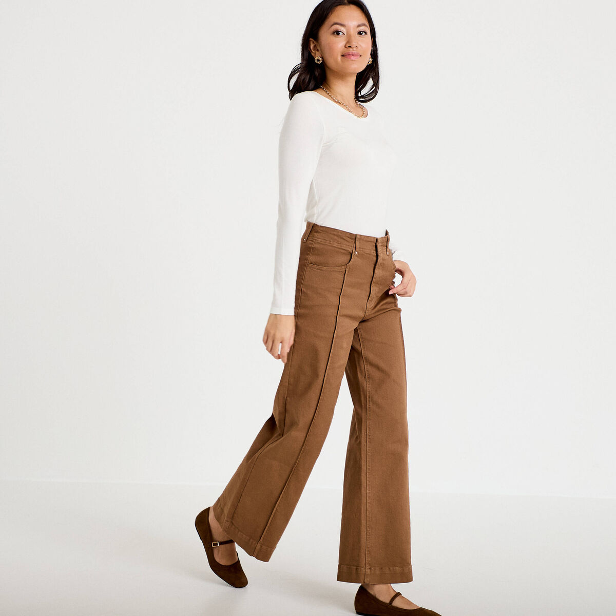 Pantalon bootcut taille basse en jean marron femme