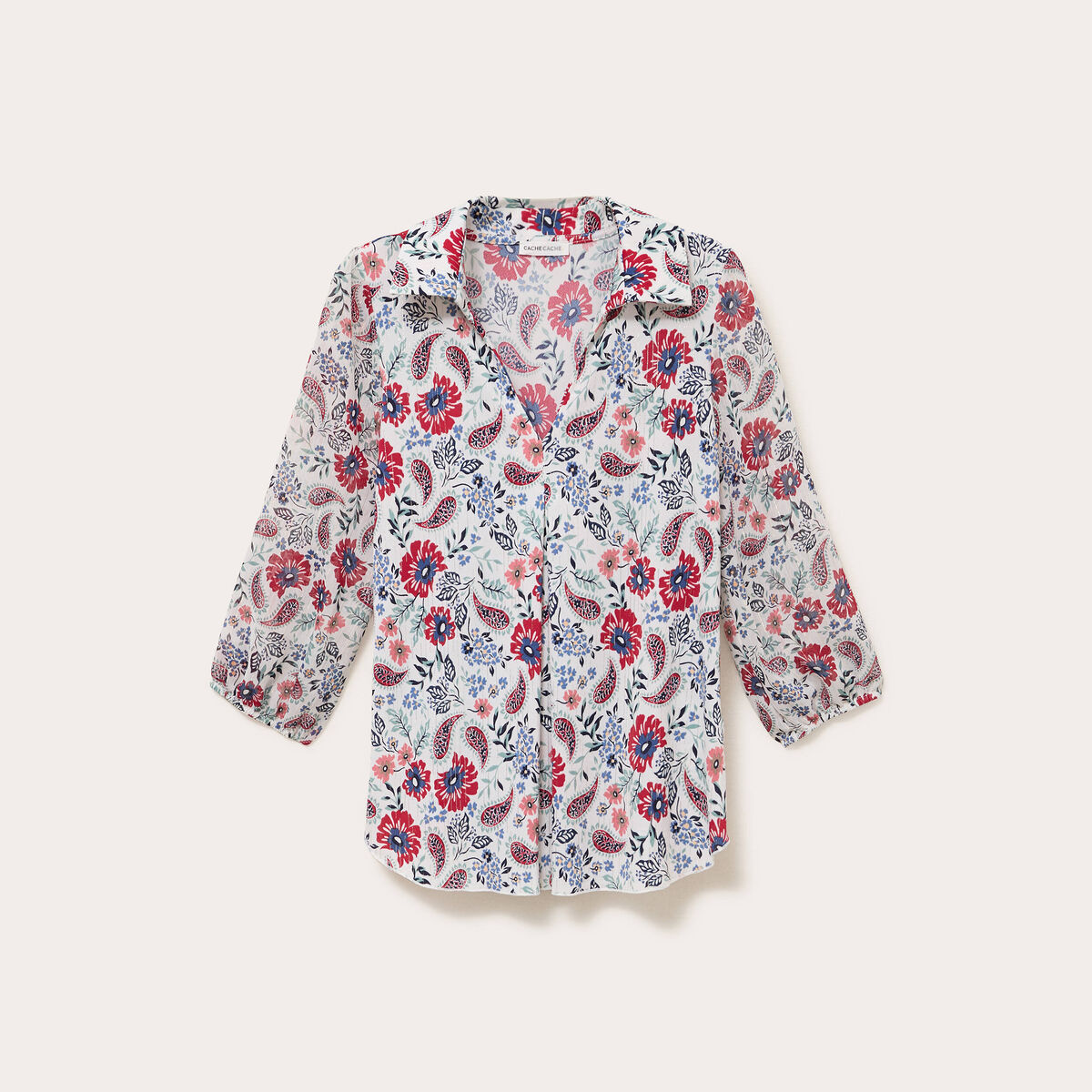 Blouse col v manches longues en voile ecru femme