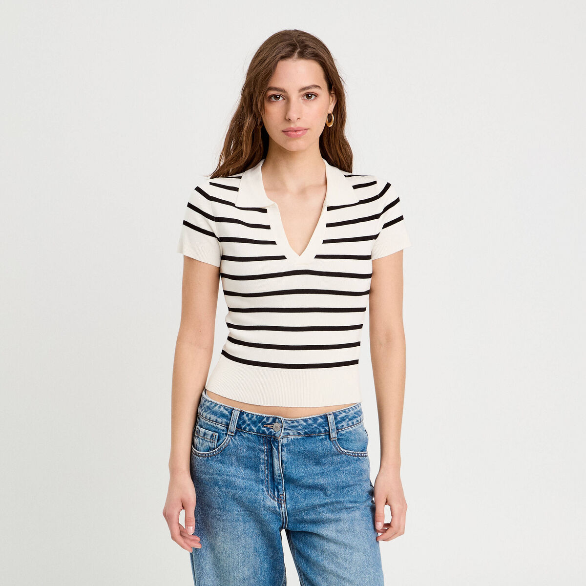 Pull manches courtes col polo blanc femme