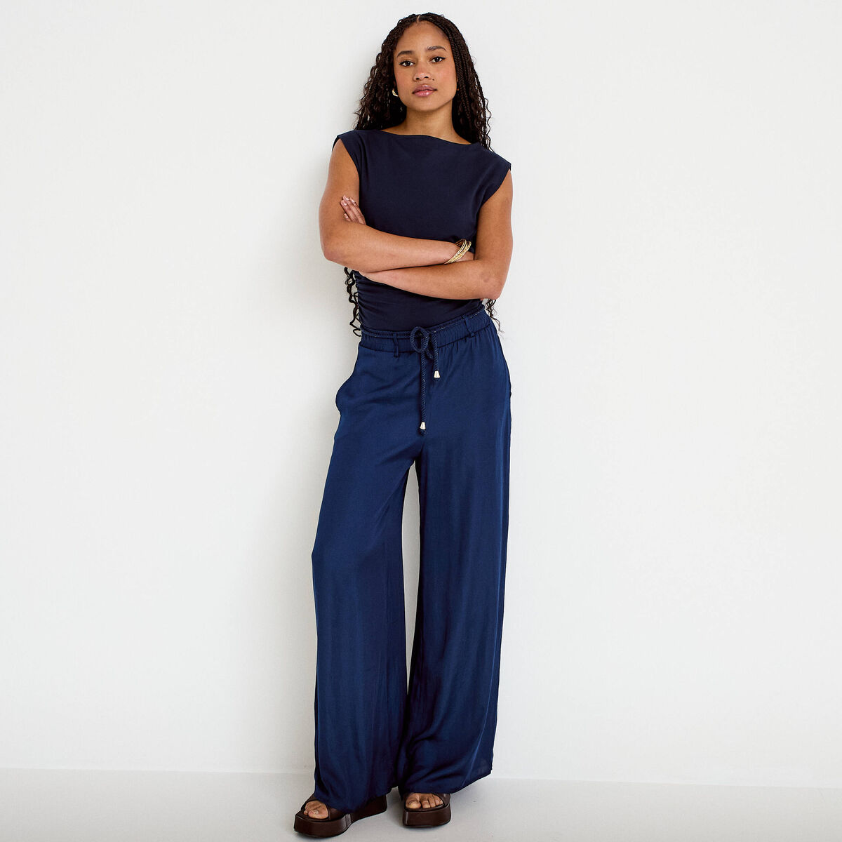 Pantalon large taille standard bleu marine femme