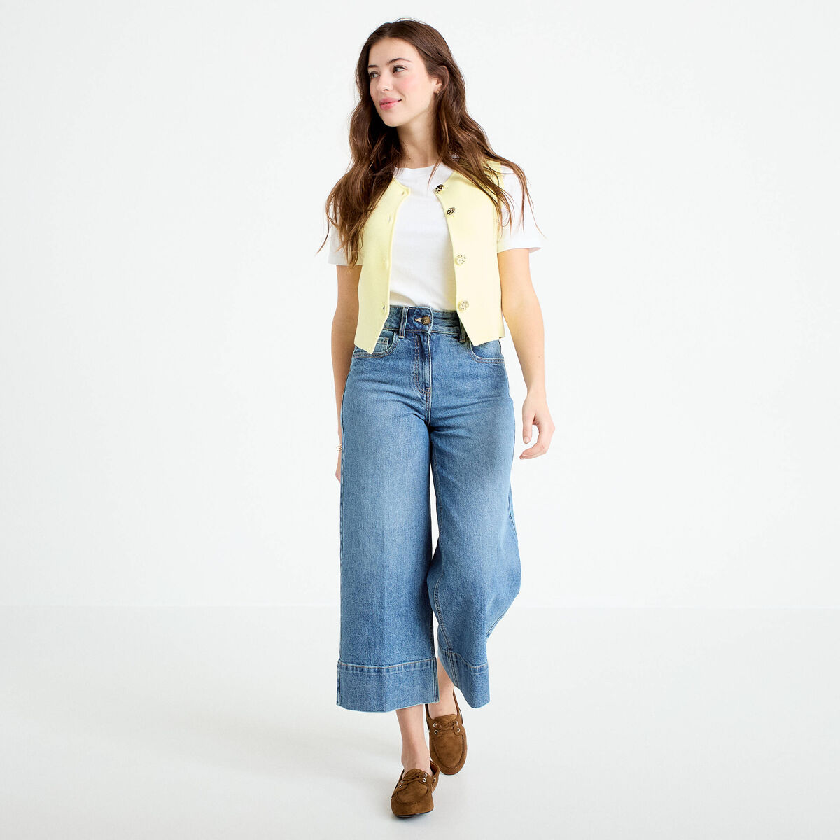 Jean wide leg cropped taille haute denim stone femme