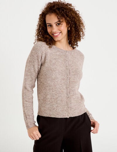 Gilet col rond manches longues taupe femme