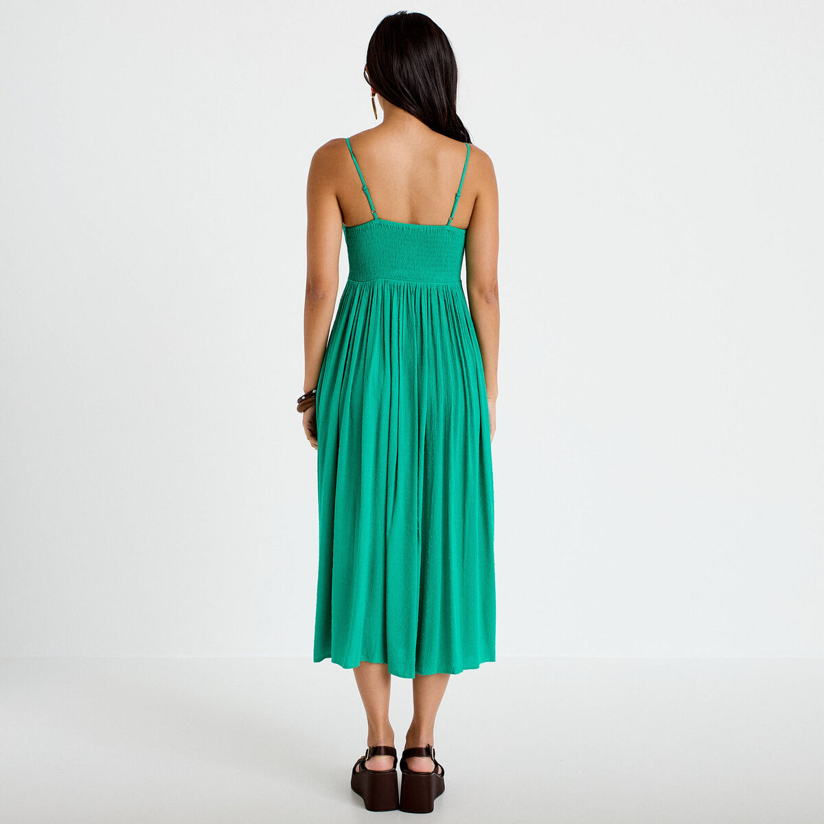 Robe longue bi-mati&egrave;re col v vert femme