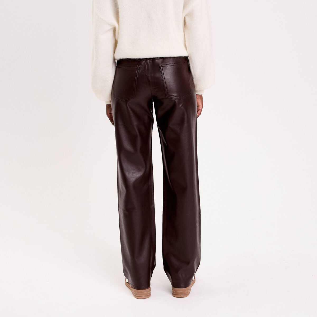 Pantalon large similicuir marron fonc&eacute; femme