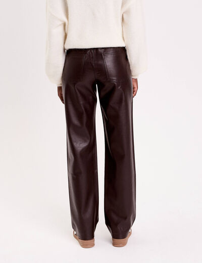 Pantalon large similicuir marron fonc&eacute; femme