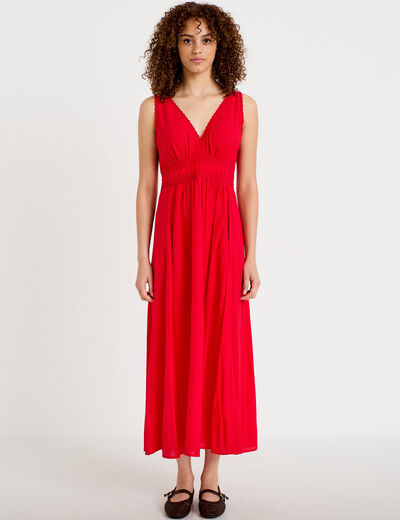 Robe longue &eacute;vas&eacute;e col v sans manches rouge femme