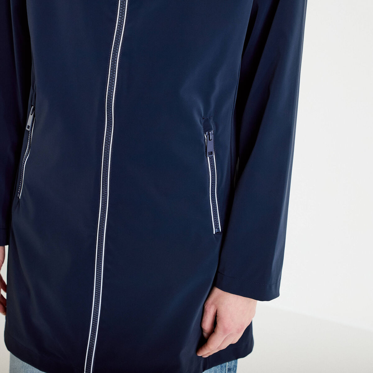 Parka &agrave; capuche manches longues bleu marine femme