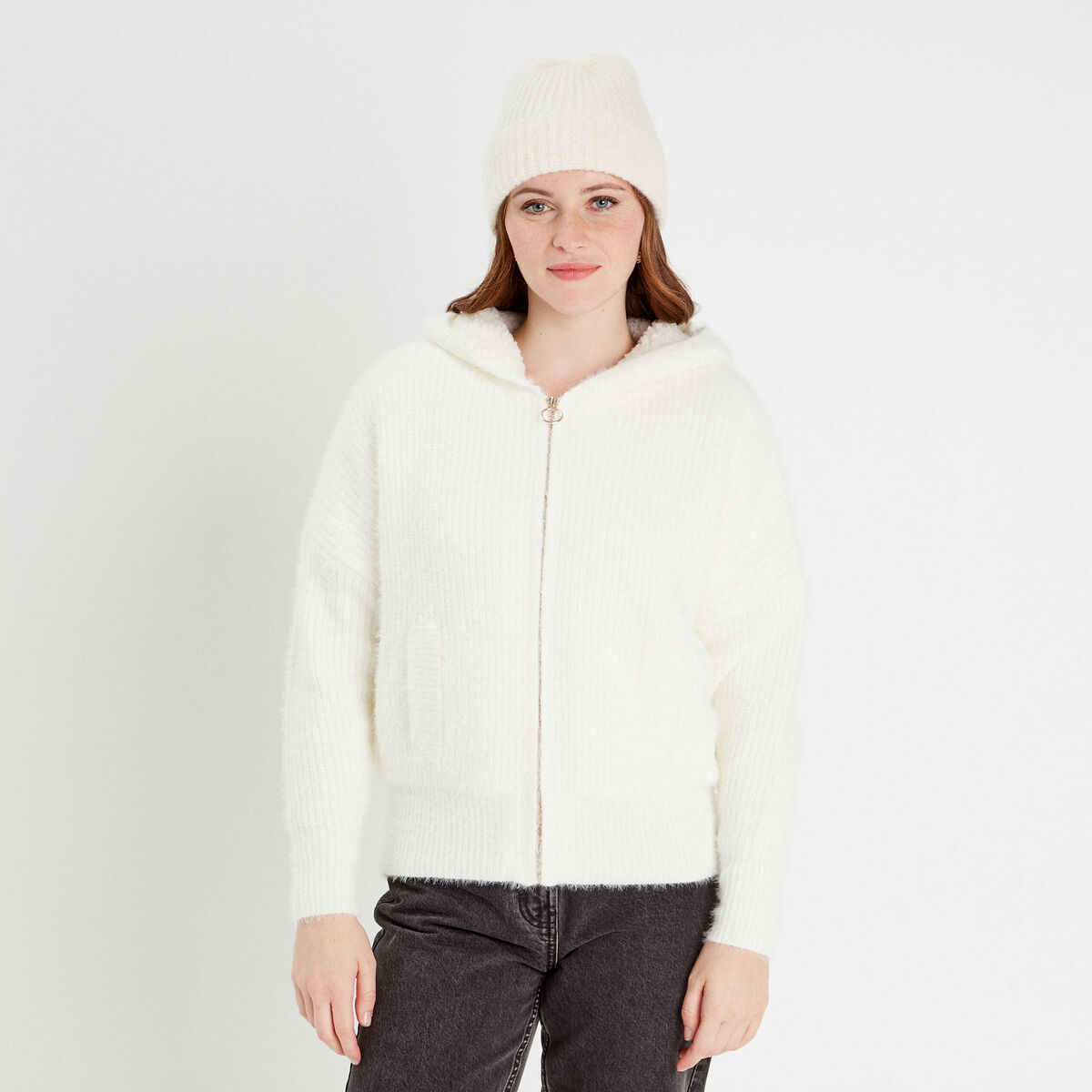 Gilet doubl&eacute; &agrave; capuche ecru femme