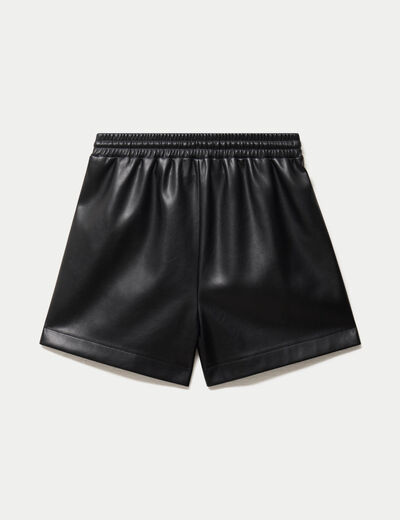 Short large taille haute en similicuir noir femme