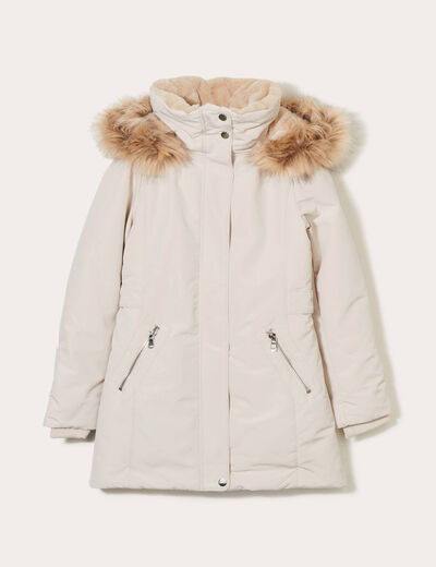 Parka &agrave; capuche fausse fourrure ecru femme