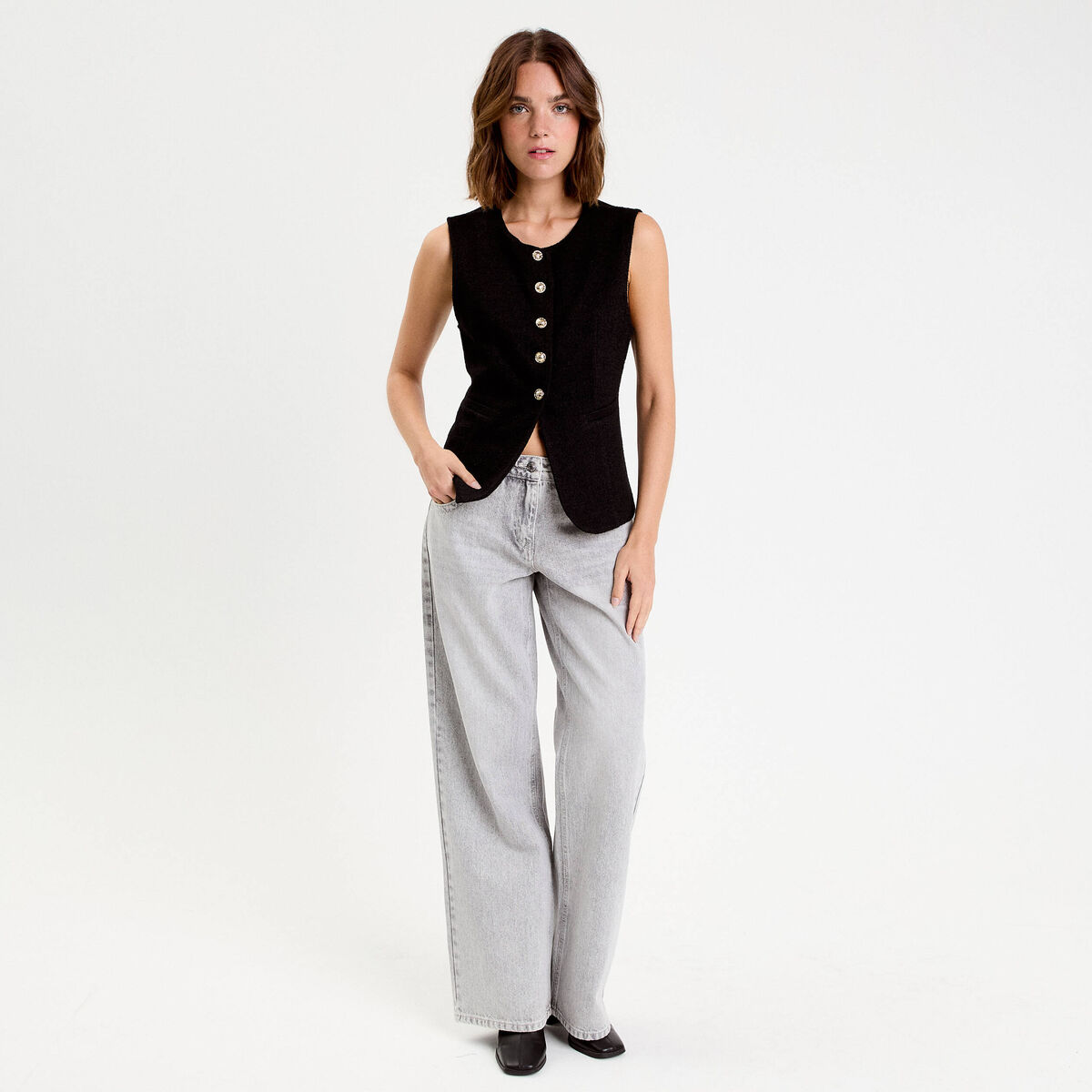 Gilet sans manches tweed noir femme