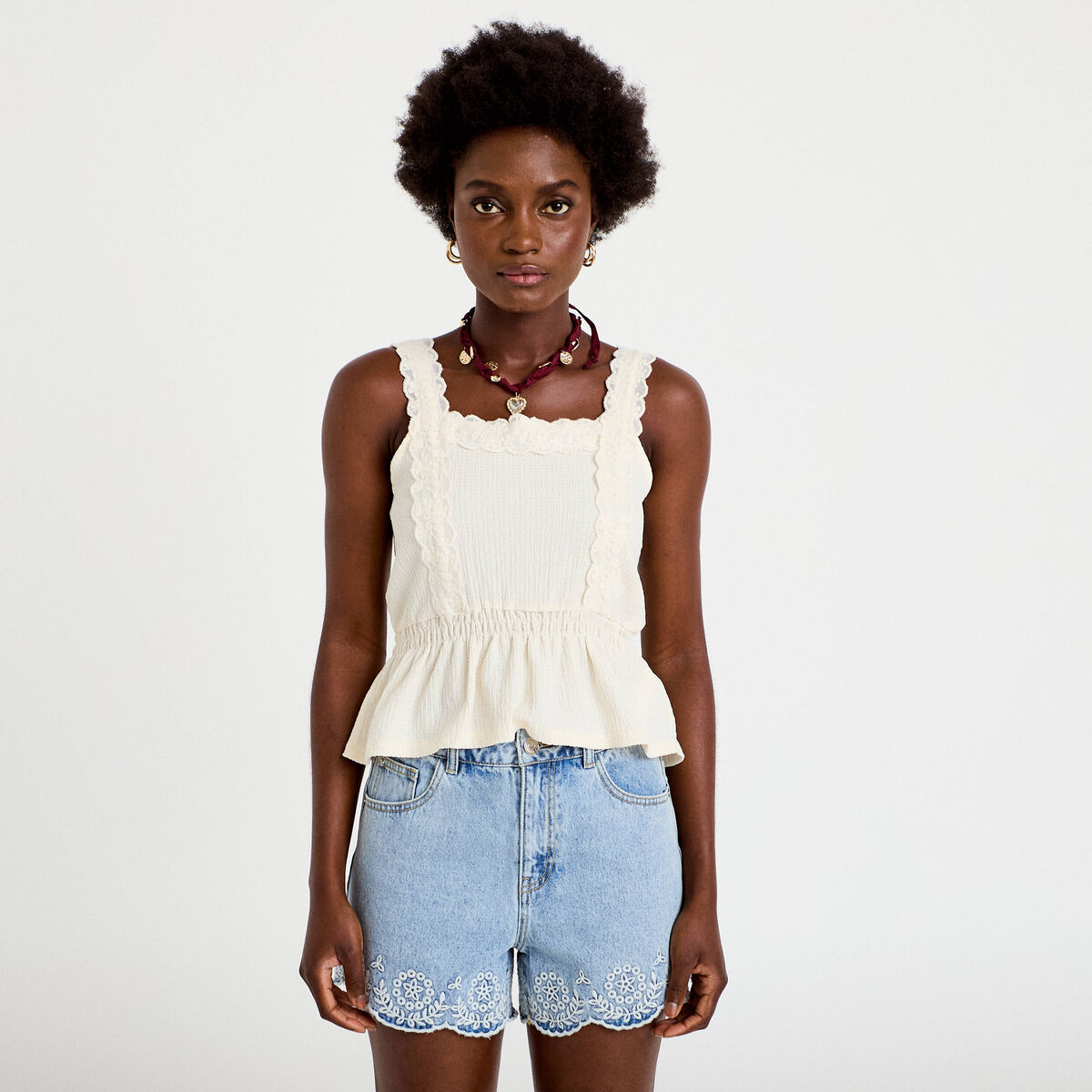 Top droit court sans manches dentelle ecru femme