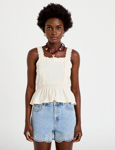 Top droit court sans manches dentelle ecru femme