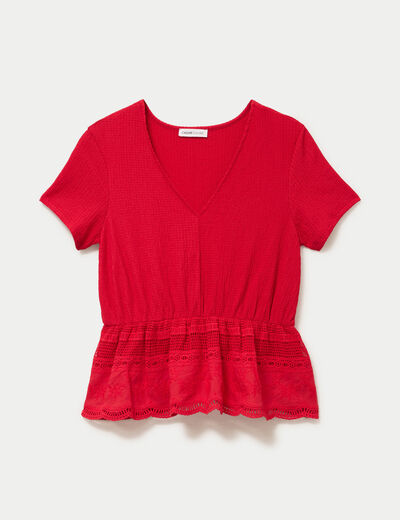 Blouse droite col v manches courtes rouge femme