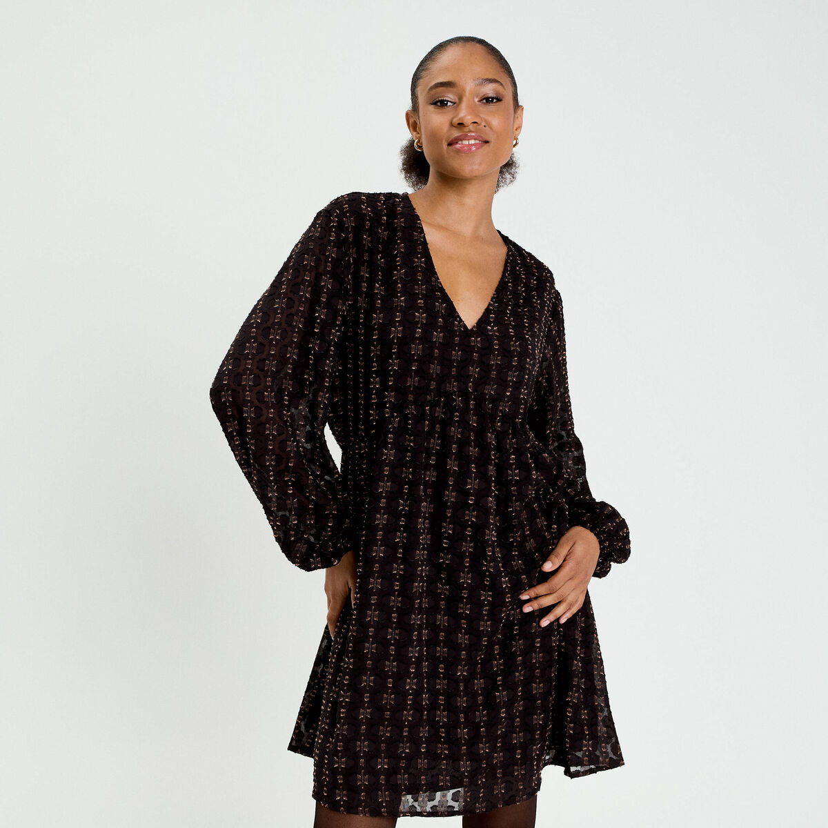 Robe en voile col V noir femme