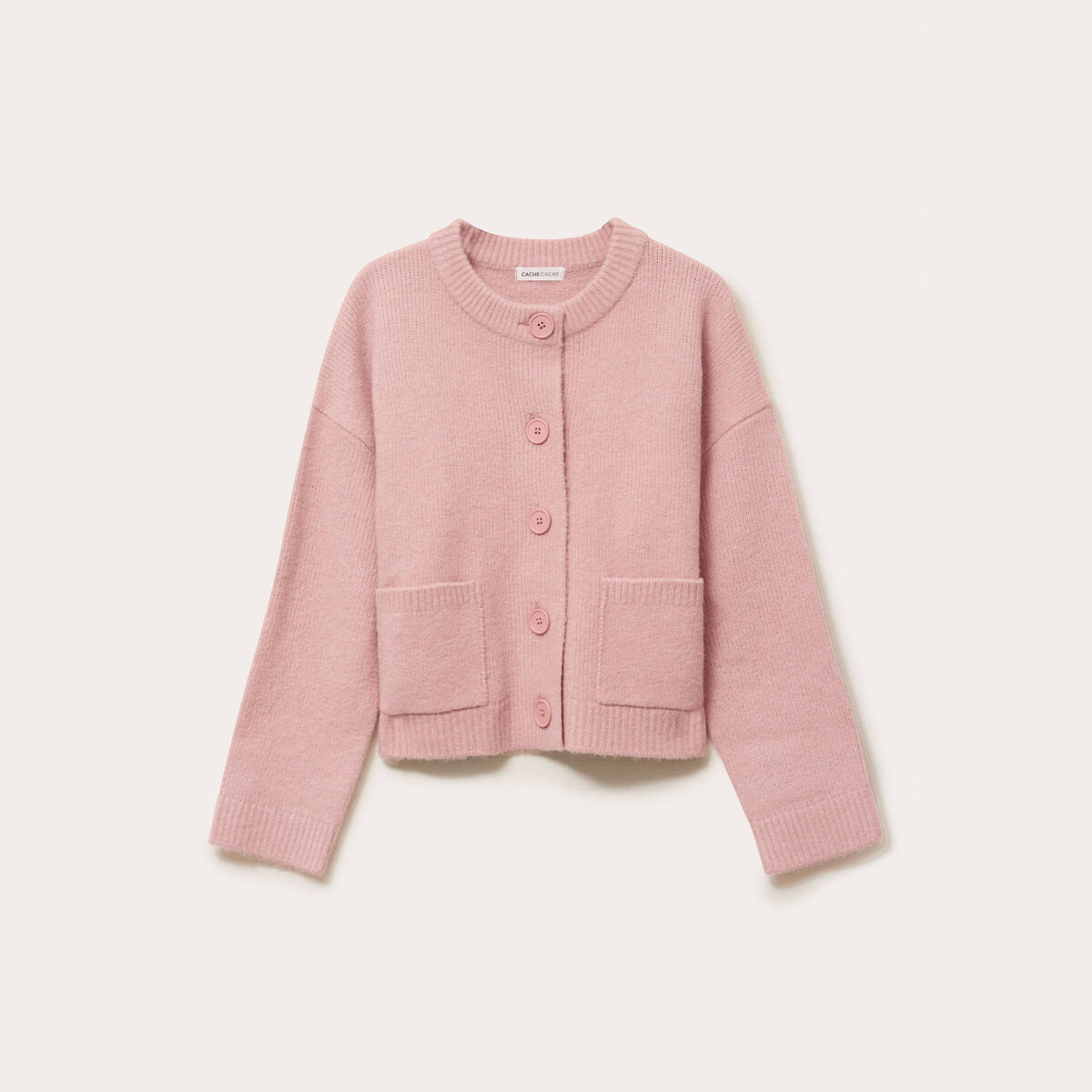 Gilet bouclette col rond manches longues rose poudr&eacute;e femme
