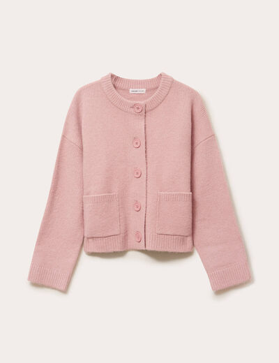 Gilet bouclette col rond manches longues rose poudr&eacute;e femme