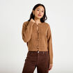 Gilet col rond manches longues avec lien camel femme