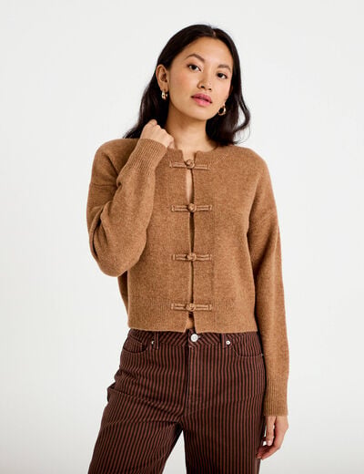 Gilet col rond manches longues avec lien camel femme
