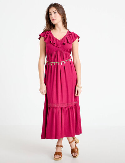 Robe longue &eacute;vas&eacute;e col v manches courtes rouge femme