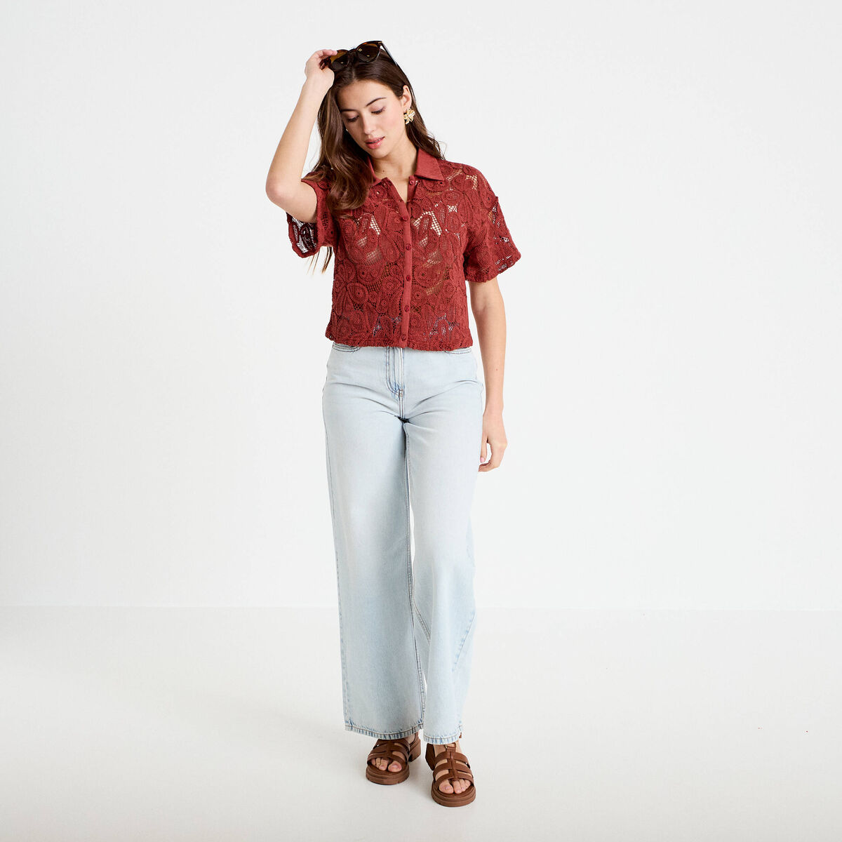 Chemise macram&eacute; manches courtes vieux rose femme