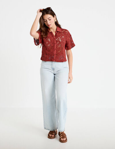 Chemise macram&eacute; manches courtes vieux rose femme