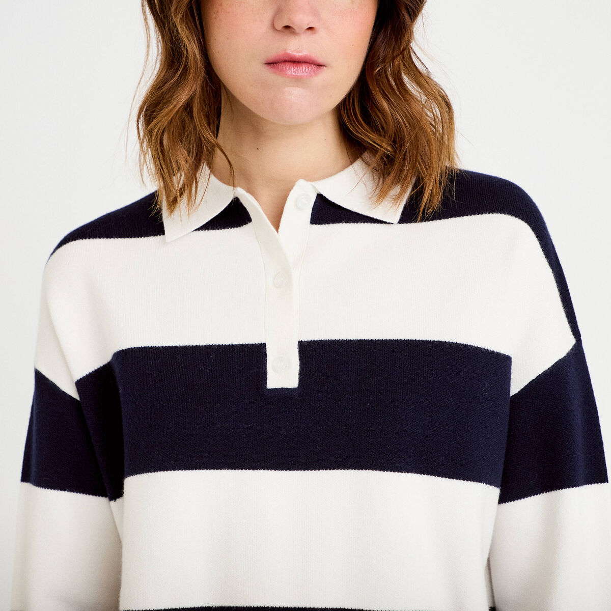 Polo manches longues col chemise bleu marine femme