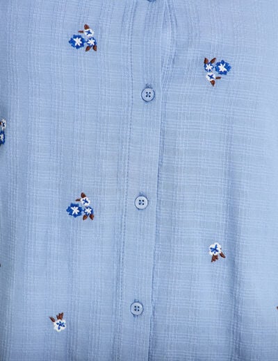 Blouse droite courte col v broderie bleu femme