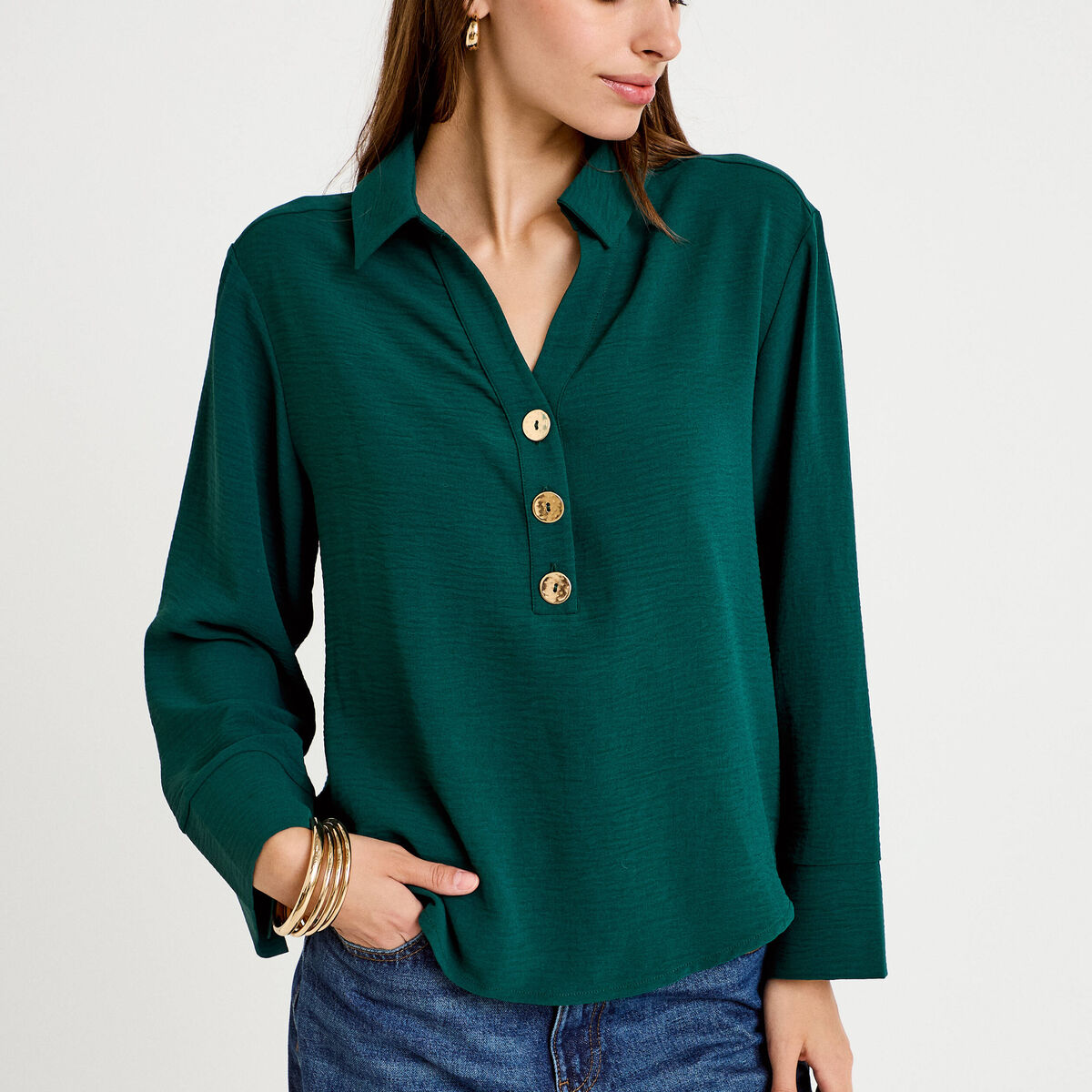 Blouse manches longues vert fonc&eacute; femme
