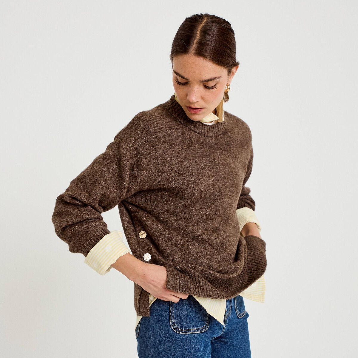 Pull manches longues marron fonc&eacute; femme