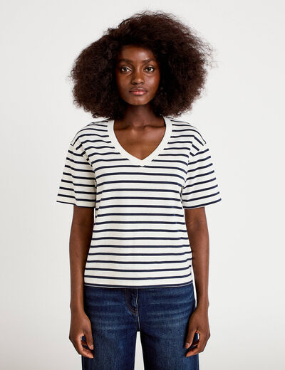 T-shirt col v manches courtes bleu fonc&eacute; femme
