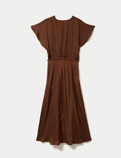 Robe longue &eacute;vas&eacute;e col v satin&eacute;e marron femme