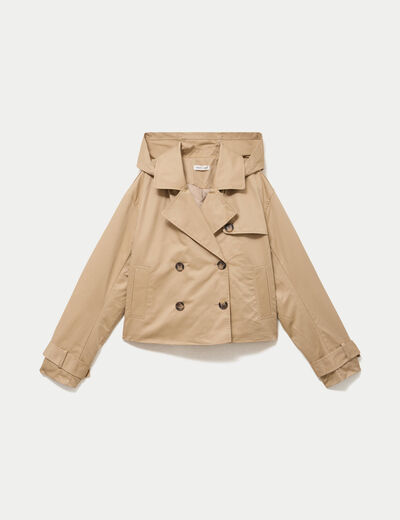 Trench droit court &agrave; capuche amovible beige femme