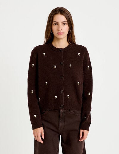 Gilet manches longues broderies col rond marron fonc&eacute; femme