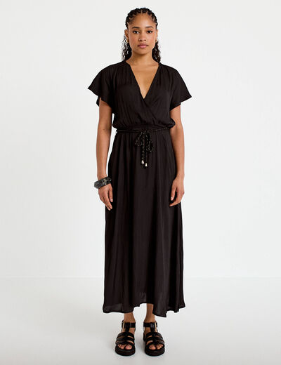 Robe longue &eacute;vas&eacute;e col v satin&eacute;e noir femme
