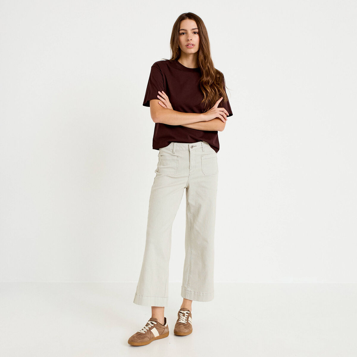 Jean flare cropped taille haute vert kaki femme