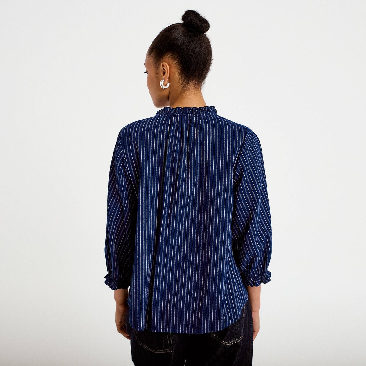 Blouse ample broderie manches 3/4 bleu femme