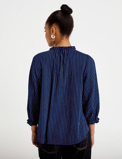 Blouse ample broderie manches 3/4 bleu femme
