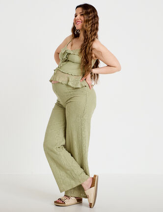 Pantalon large taille haute vert kaki femme