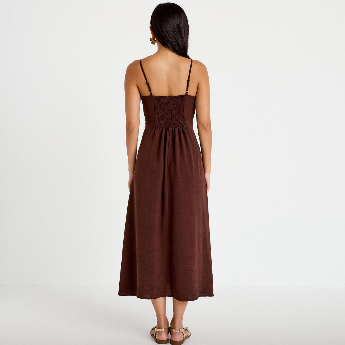 Robe longue &eacute;vas&eacute;e fendue marron femme