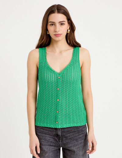 D&eacute;bardeur ajour&eacute; aspect dentelle col v vert femme